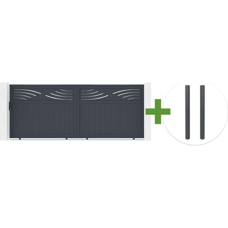 Portail coulissant 4m HALTI H.160cm aluminium gris + 2 poteaux ELDA aluminium gris 15x15cm (1/5)