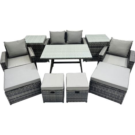 Fimous 8 Seater Wicker PE Rattan Furniture Outdoor Dining Table Double Seat Sofa 2 Side Tables 4 Stools Set Dark Grey Mixed (1/4)