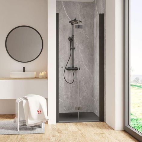Porte de douche pivotante-pliante, verre 6 mm, profilé noir, Garant, Schulte, 80 x 200 cm, ouverture vers la droite (1/4)