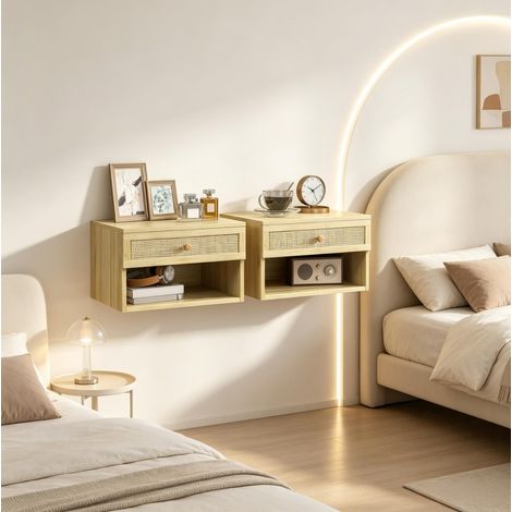 Lot de 2 chevets muraux suspendus en aggloméré naturel 40 x 34 x 23 cm OKWISH (1/5)