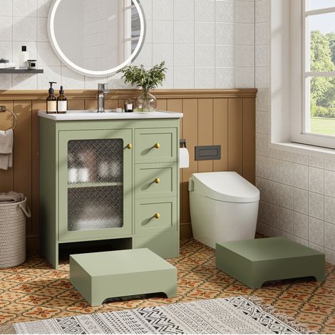 Mueble de baño MDF verde 80x50x87 cm con lavabo cerámico, taburete 2 en 1 integrado y luz LED (1/5)