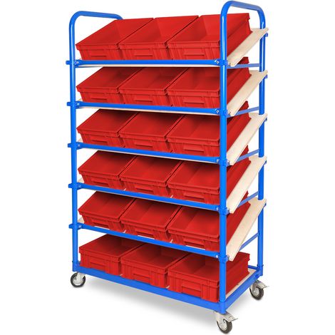 BRB Schrägboden-Regalwagen mit 6 Ebenen, BxTxH 1050x500x1690 mm bestückt mit 18 Euroboxen BxTxH 400x300x120 mm (rot)
