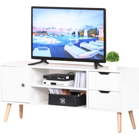 Meuble TV Banc TV Style scandinave Placard 2 niches 2 tiroirs Passe-Fils Panneaux Particules Blanc Bois pin (1/5)