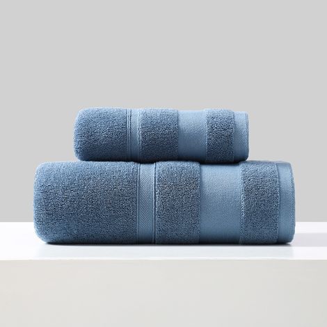 Lot de 2 serviettes de toilette 100% coton, douces et absorbantes, bleues / 34 x 74 cm / 70 x 140 cm (1/5)