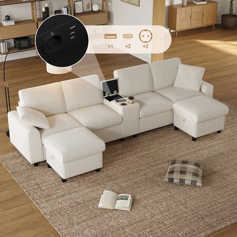 Divano a U 315x135x81 cm beige in corduroy con pouf contenitore, tavolino e porte di ricarica (1/5)