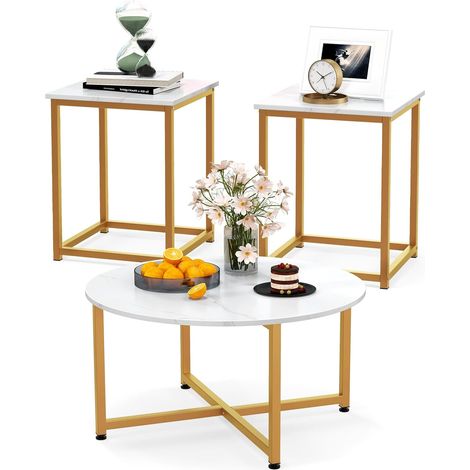 COSTWAY Set di Tavolini da Caffè 3 Pezzi, Tavolino Rotondo e 2 Tavolini Quadrati con Struttura Metallica Robusta, Set di Tavoli da Salotto Moderni 3 Pezzi (Bianco) (1/5)