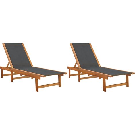 Chaises longues Transat Bain de soleil lot de 2 noir bois d'acacia solide et textilène (1/5)