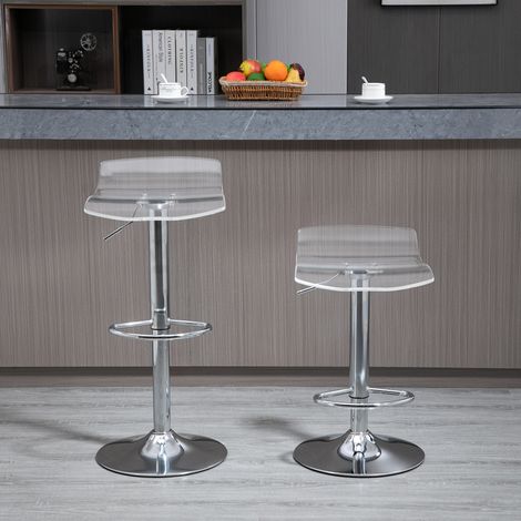 Set aus 2 modernen Barhockern mit Acryl-Sitzfläche und Metallgestell – 360° drehbar – höhenverstellbar mit Fußstütze – transparent