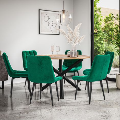 Malvern Round Dining Table And Chairs - Oak Table Top w Solid Black Oak Legs + Nova Velvet Dining Chair Set Of 6 (Green) (1/5)