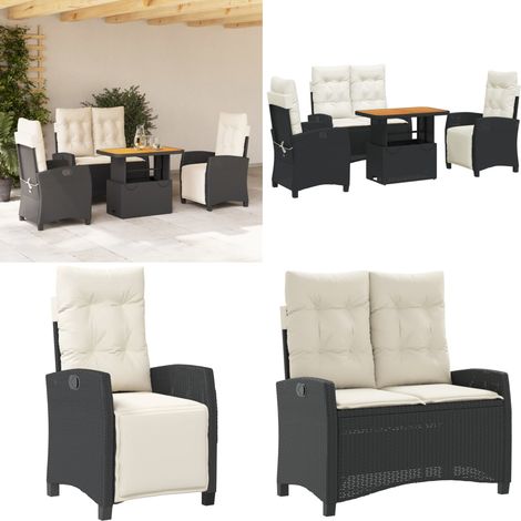 Ensemble à manger de jardin 4 pcs avec coussins noir - Chaise de jardin - Banc de jardin (1/5)