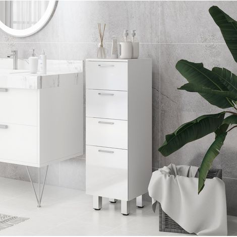 Mobile bagno 30x30x93 cm, 4 cassetti, frontale lucido, da fissare a parete, legno bianco (1/5)