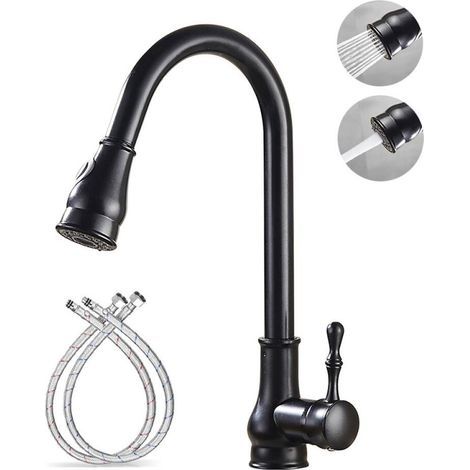 Robinet de cuisine rétro avec douchette extractible, rotation à 360°, en laiton, finition noire et bec à double mode. (1/5)