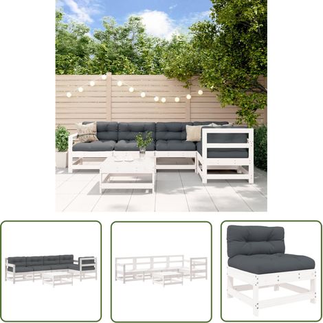 The Living Store 6-tlg. Garten-Lounge-Set mit Kissen Weiß Massivholz - Gartenmöbel - Loungesessel - Rattan Möbel - Holz Gartenmöbel - Esszimmergarnituren (1/5)