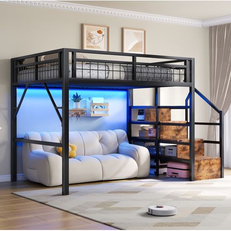 Letto a castello 140 x 200 cm in metallo nero con striscia LED e scala con contenitore (1/5)