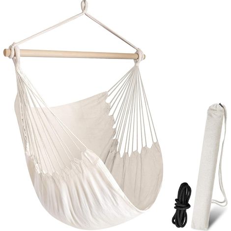 1pcs Siège Suspendu Chaise hamac Grande Taille Chaise Suspendue Balançoire relaxante Chaise de Jardin Meubles de Patio Tissage de Coton pour Plus de Confort et de durabilité Ensemble Facile(blanche) (1/3)