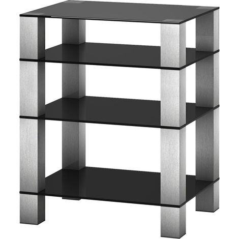 Meuble Audio-Vidéo verre trempé noir et aluminium inox Joy