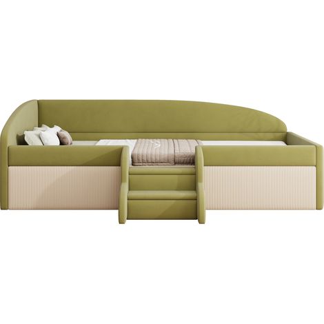 Cama Diván 90 x 190 cm de Terciopelo con Barandilla y Escalera Antideslizante, sin Colchón, Verde e Marfil (1/5)