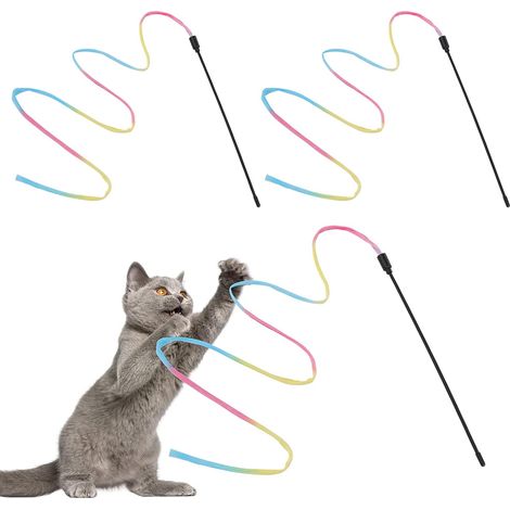Lot de 3 Baguettes en Ruban Arc-en-Ciel interactif pour Chatons, entraînement et Jeu (30 cm) (1/5)