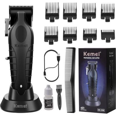 Tondeuse à cheveux professionnelle 2296 pour hommes, avec ou sans fil, kit de coupe pour cheveux et barbe, tondeuse de barbier à lame en T rechargeable par USB, noire (1/5)