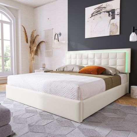 Letto imbottito con contenitore e LED 180x200 cm, similpelle bianca, rete a doghe, testiera trapuntata (1/5)