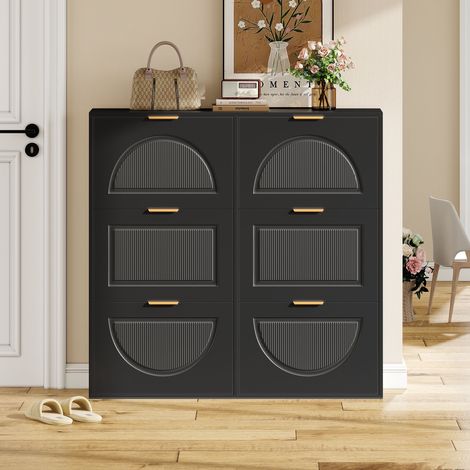 Scarpiera grande formato, L118xH115xP25 cm, mobile contenitore salvaspazio da ingresso, con 6 ante a ribalta a doppio livello e ripiano, nero (1/5)