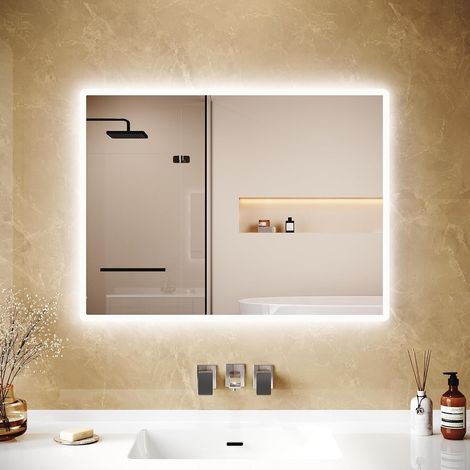 Miroir LED de salle de bain 80x60 cm - Cadre en aluminium, verre anti-explosion, bords dépolis, 6400 K, blanc froid, IP44, économie d'énergie (1/5)
