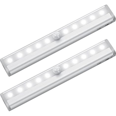 Lot de 2 lampes sans fil pour armoire, 10 LED, détecteur de mouvement, pour penderie ou sous meuble, avec bande magnétique et veilleuse à piles. (1/4)