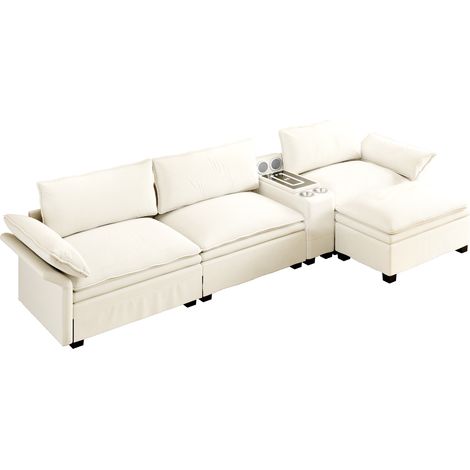 Modulares Ecksofa 4-Sitzer aus Chenille in Beige mit Pouf und Konsole (1/5)