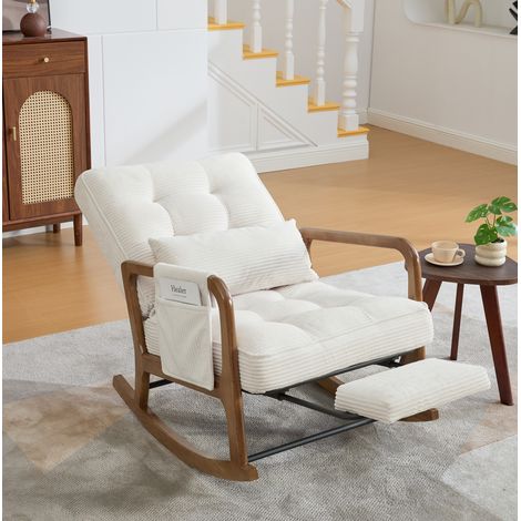 Sillón mecedora 70x80x92 cm beige en pana con reposapiés extraíble y respaldo reclinable (1/5)