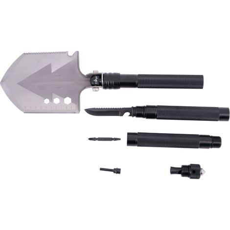 Pelle tactique Third M9809 de acier 420 de cm au total, manche de aluminium, avec 11 utilisations différentes en une seule pièce. Avec gaine en nylon.