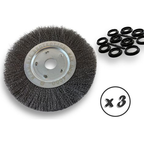 Lot de 3 brosses circulaires ACIER Ø 250 mm Epaisseur 1 rang Fil dur 0.30 mm ondulé Alésage 32 mm + réducteur bague 25/22/20/16/12 mm Touret affûteuse ponceuse Kibros 211251ATx3