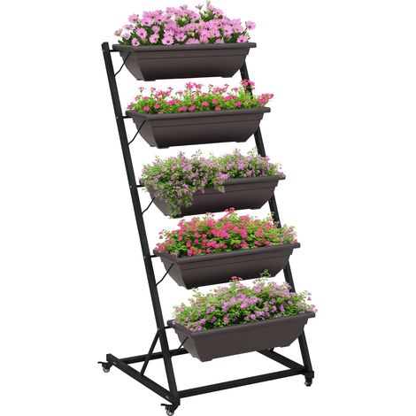 Soporte para plantas de 5 niveles, 145 cm de alto, soporte para flores con ruedas, estante para plantas de acero, color marrón. (1/5)