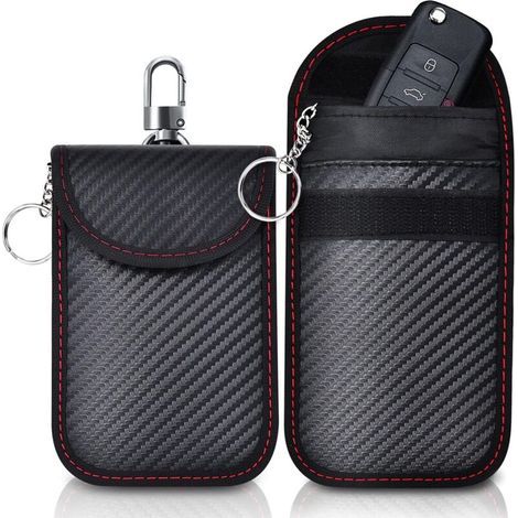 Lot de 2 Pochettes Blocage Signal RFID pour Clé Voiture, Étui de Protection Anti RFID pour Clef Télécommande avec Anneau Porte-clé Intégré en Fibre de Carbone - Bloqueur Signal RFID NFC Anti Pi (1/5)
