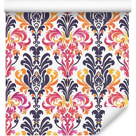Papel pintado damasco barroco en morado y coral para salón y dormitorio, 50x1000 cm. (1/5)