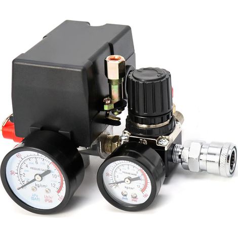 Soupape de commande de pressostat de compresseur d'air, régulateur de pression 90-120PSI avec ensemble de raccords de manomètres (1/5)