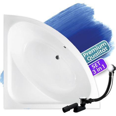 Badewanne Eckbadewanne 148x148, Ablaufgarnitur & Füßen GRATIS - Komplettset 3in1 Original Acryl Wanne Premium Siphon - Made in EU - BADLAND LUKSJA (1/5)