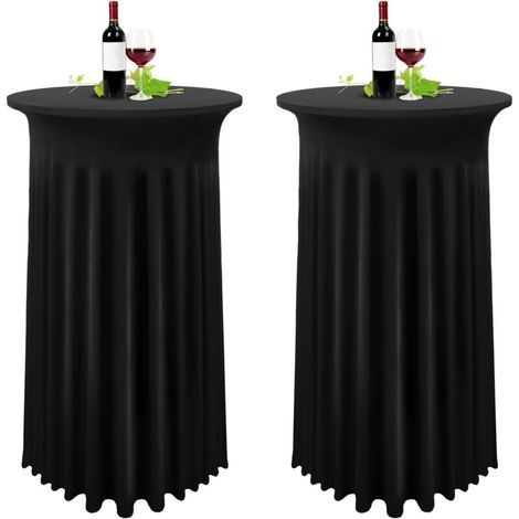 Lot de 2 housses de table haute noir – Nappe extensible en élasthanne 80 x 110 cm – Jupe plissée pour tables rondes 81 x 109 cm