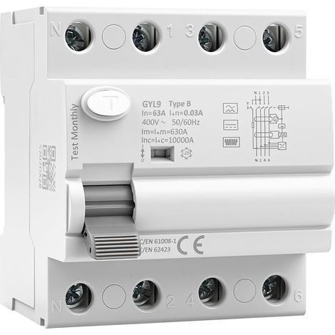 Disjoncteur différentiel 30mA Type B interrupteur différentiel 63A 30mA 3P+N 10kA RCCB disjoncteurs de courant résiduel AC400V convient aux stations de recharge et aux équipements industriels GYL9 (1/5)