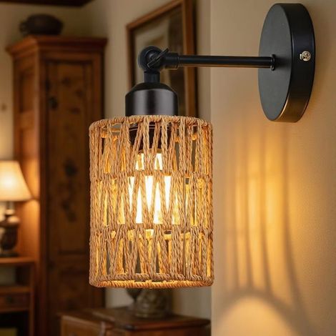 Wandleuchte im Retro-Stil aus geflochtenem Rattan ohne Leuchtmittel – E27-Wandleuchte mit Naturseil für Schlaf- und Wohnzimmer (1/5)