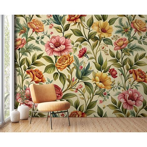 Papier peint fleuri - tapisserie vintage ocre - 150 x 250 cm (1/2)