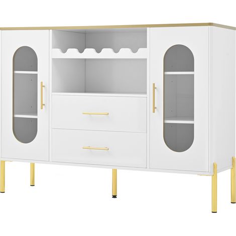 Buffet blanc avec portes en verre et casier à vin – meuble de rangement pour salon et salle à manger – pieds réglables (1/5)