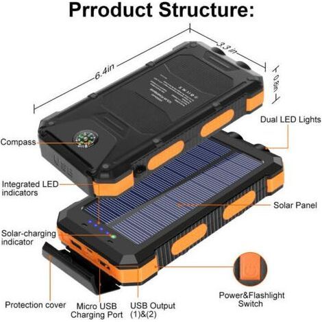 Chargeur solaire 20000mAh – 2 ports USB – Charge rapide sans fil pour smartphones et tablettes – Étanche et antichoc – Outdoor camping