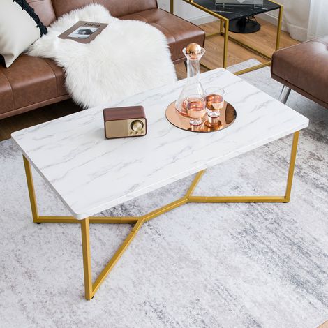 Table Basse Imprimée Marbre 107 x 60 x 45,5 CM (L x l x H) Moderne Piètement Métal Doré avec Patins Ajustables pour Salon Maison Chic (1/4)