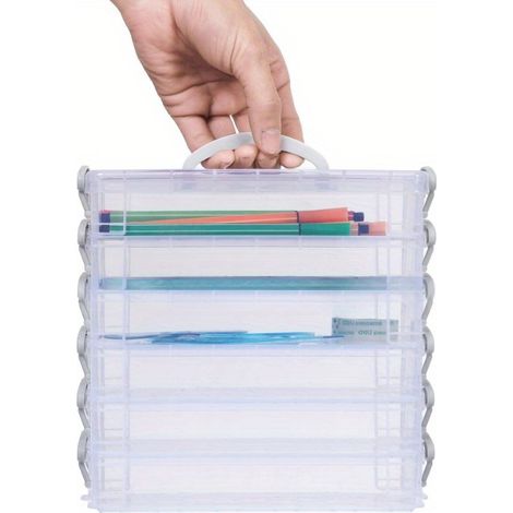 Boîte de rangement pour crayons de couleur, pinceaux et stylos aquarelle à 6 compartiments, empilable et amovible, avec boucle grise transparente (1/5)