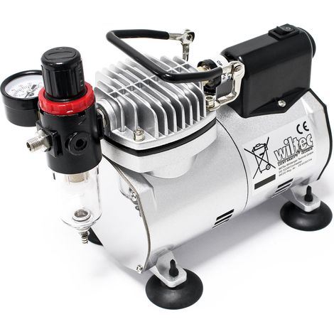 Wiltec Compresseur à membrane Aérographe Airbrush AF18-2 – Monocylindrique – 4 bar – Diaphragme – Sans huile – Système coupure automatique et Manomètre – Aérographie, modélisme, manucure, tatouage