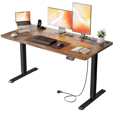 EcoFurnix Escritorio Elevable Eléctrico, 140 x 60 cm, Altura Ajustable 72-117 cm, con Toma de Corriente Integrada y Puerto USB, Marrón Vintage (1/5)