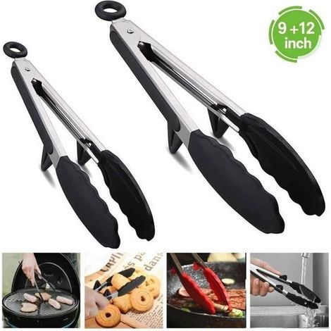 2 pinces de cuisine acier inoxydable, silicone résistant à la chaleur, 23 cm et 30 cm, pour barbecue et poêle (1/4)