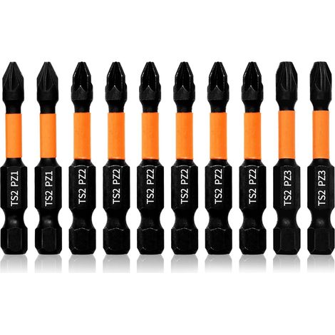 Jeu de 10 Embout Visseuse Pozidriv Longueur 50mm Professionnel Bit de Tournevis à Aimanté Choc PZ12 PZ26 PZ32, Tige Hexagonale 1/4"