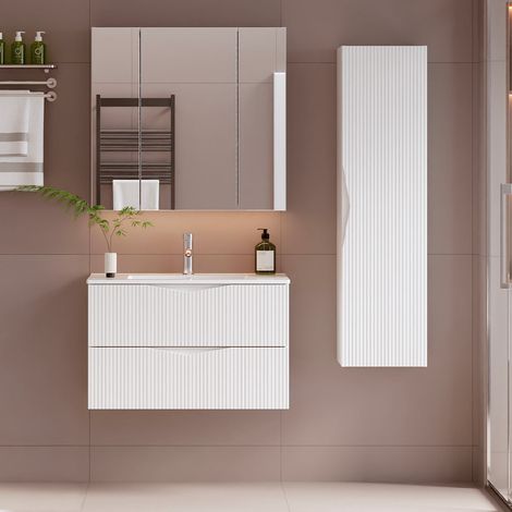 Ensemble meuble simple vasque encastrée 80cm et colonne Tao Blanc (1/5)