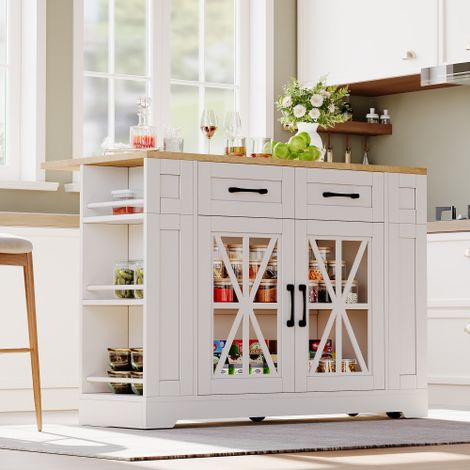 Îlot central cuisine 120 cm avec table rabattable extensible, desserte mobile avec prises USB, portes vitrées, étagères réglables et rangement cuisine, meuble blanc avec plateau effet bois (1/5)